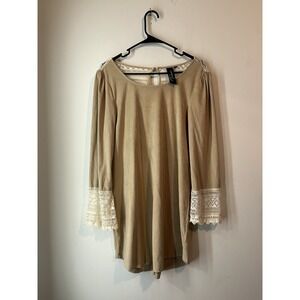 Trixxi Western Suede Dress Knee Length‎ Long Sleeve Lace Accents Tan Size Medium
